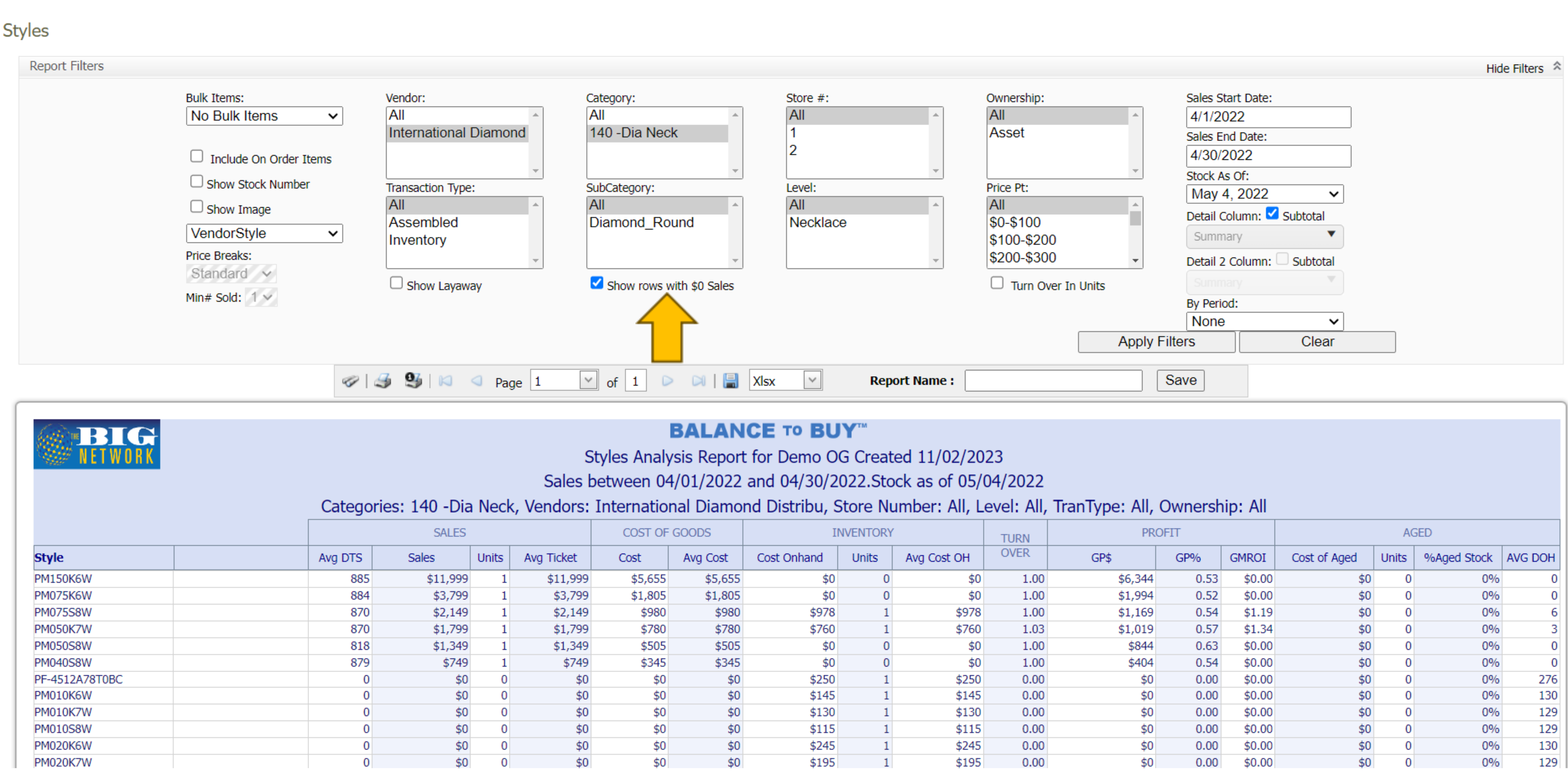 Show Rows with $0 Sales Feature