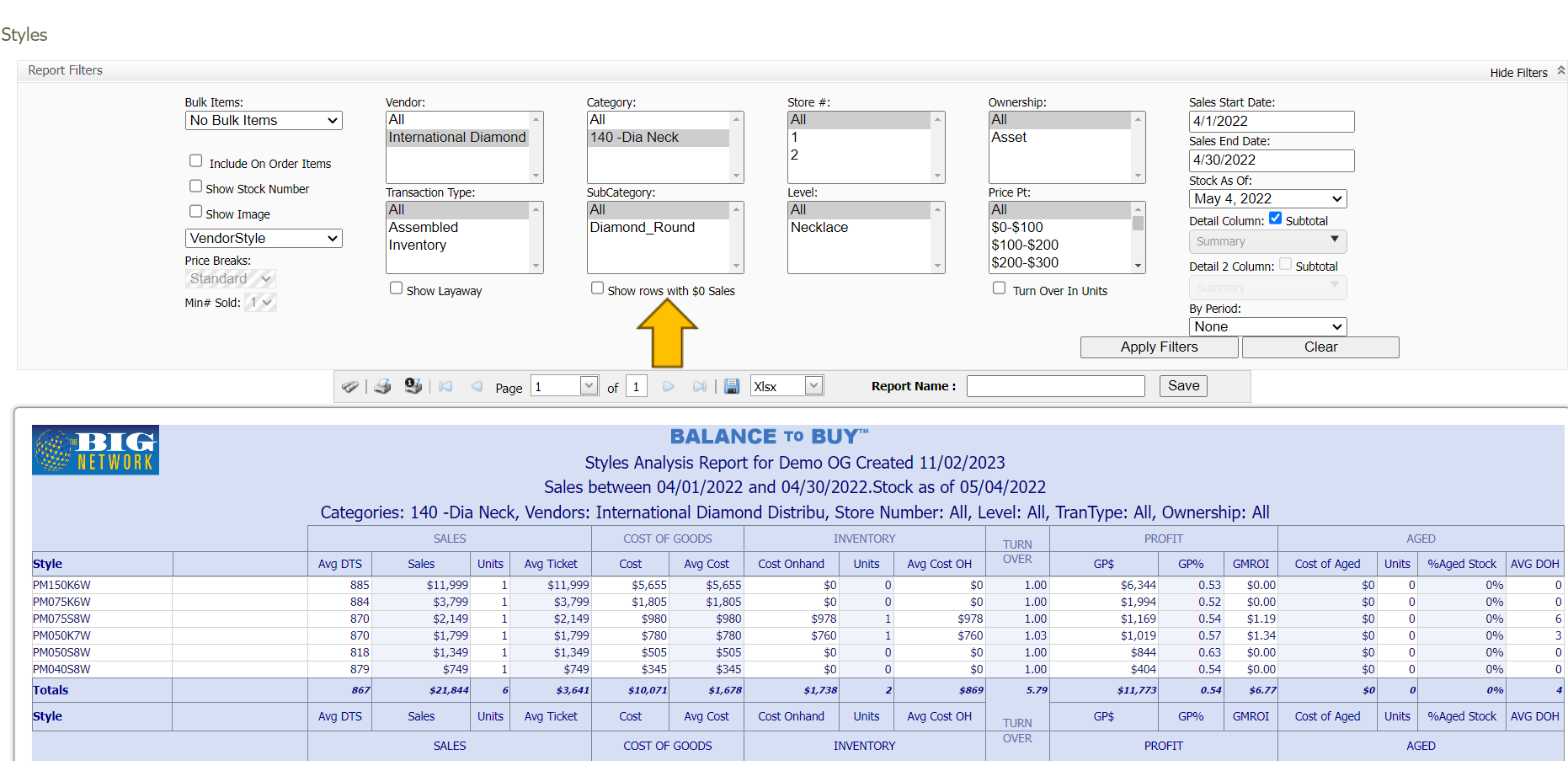 Show Rows with $0 Sales Feature