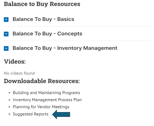Suggested Reports selection under Balance to Buy Inventory Management dropdown
